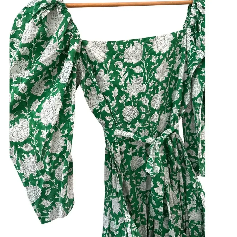 Mille Resort Anais Belted Mini Hand Block Print Dress Green Zinnia Size‎ Small - Picture 10 of 12